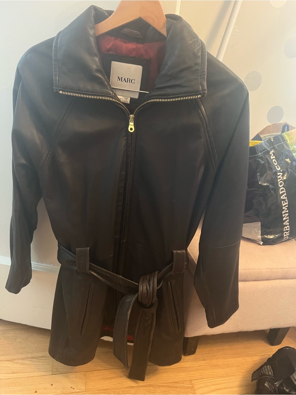 Andrew Marc Black Leather Belted Trench Coat
